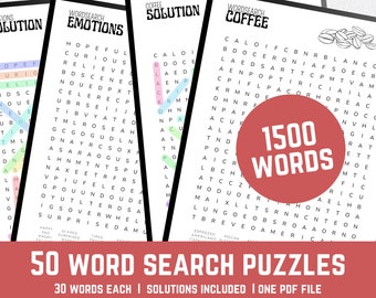 50 Printable Word Search Puzzles with Solutions | Large Font PDF | Fun Brain Games for Adults & Teens | Instant Download | 1500 Total Words