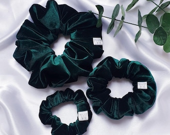 Green Velvet scrunchies. Plush Luxe fabric XL oversized medium & mini hair scrunchy. Handmade soft scrunchie hair ties. Bridesmaid Christmas