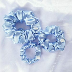 Sky blue soft silky satin hair scrunchie gift set in XXL large/ medium & skinny/ mini sizes. Bride bridesmaid hair ties. Handmade in the UK