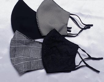 Cotton Face Mask, Washable Reusable Mask. Black face mask with adjustable soft round straps, Premium Fabric Mask. 4 Designs. Handmade UK