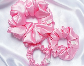 Bubblegum pastel pink silk satin scrunchies. Large XXL/ Oversized, medium, mini sized Handmade silky bridesmaid friend sister kids hair ties