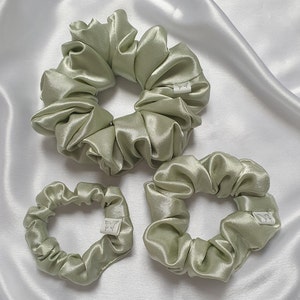 Sage green hair scrunchies in large XXL/ oversized, medium and mini sized silky satin hair tie, wedding/ bridesmaid gift. Handmade in the UK