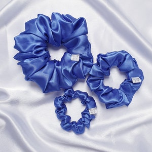 Lilac blue satin scrunchies in large XXL/ oversized, medium & skinny/ mini/ small. Silky wedding/ bridesmaid hair ties. Handmade in the UK.