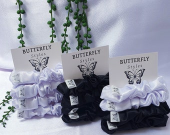 Silky satin mini hair scrunchies, Set of 4 black, white or mixed skinny sized hair ties. 4 Pack thin hair bobbles - school/ work. Handmade