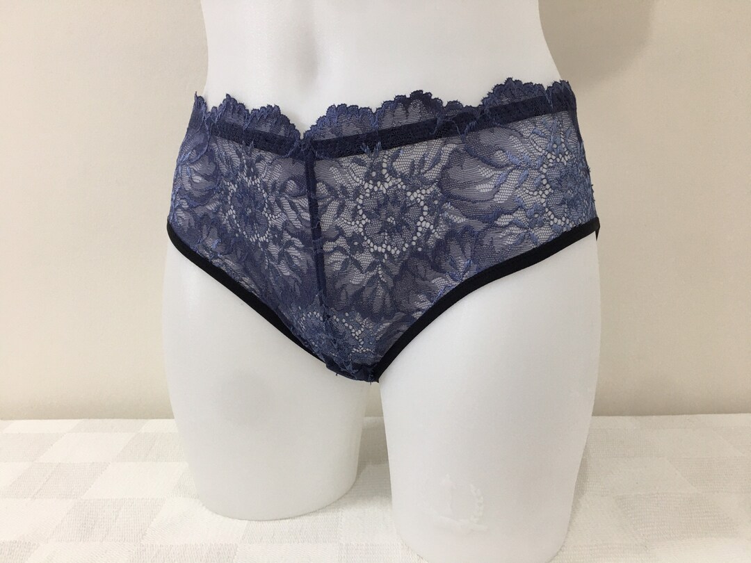 Blue Lace Bikini Panties Sheer Handmade Women Panties See Through