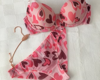 Romantic handmade pink lingerie bra and panties set Pink mesh lingerie panties and bra Honeymoon women lingerie Christmas gift