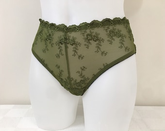 Transparent brazilian bikini panties /  Handmade sheer green lingerie / Green embroidery mesh bikini underwear / Handmade gift for woman