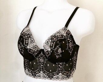 Underwired Handmade Black Lace Bustier, Luxury Golden Black Embroidered Corset, Valentines Sexy Gift For Her, Sexy Women Lingerie
