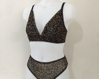 Sheer black lingerie set Leopard print wireless bra and bikini panties