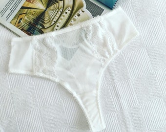 Panties / High Waisted Sheer Thong Panties / Sexy Mesh Handmade Underwear / White transparent women string panties / Bridal Lingerie