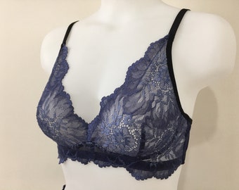 See through bra / Blue lace wireless bra / Soft cup sheer lace bra / Blue floral lace transparent bra / Sexy women lingerie / Gift for woman