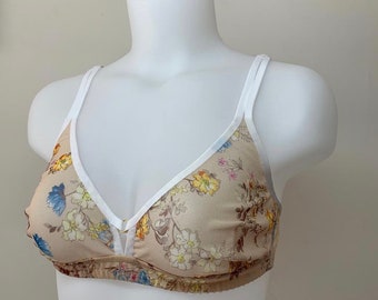 Sheer bra / Unlined wireless bra / Transparent bra Handmade nude mesh lingerie / Nude floral print women daily bra / Handmade gift for woman