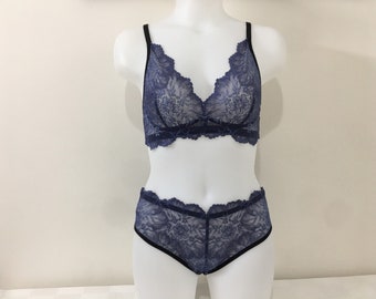 Sheer blue lace bra and panty set / Handmade lace lingerie set / Blue floral lace two piece lingerie set / Sexy lingerie / Gift for woman