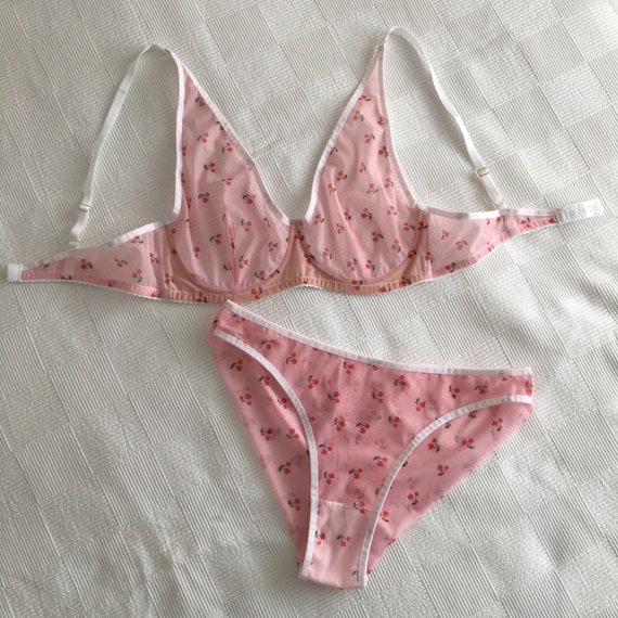 Bra and Panty Set, Pink Lingerie Set, Cherry Print Sheer Lingerie