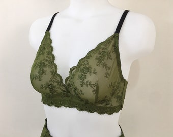 See through wireless green embroidery bra Handmade transparent mesh sexy bra Green lace honeymoon lingerie Christmas gift for her