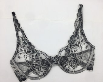 Lace bra, Underwired Transparent Bra, Handmade lingerie, Floral Lace Black White Bra, Sheer Floral Embroidery Lingerie, Sexy Gift For Her