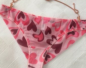 Middle waist handmade sexy bikini panties Pink heart print mesh bikini panty Women underwear Valentine lingerie Christmas gift