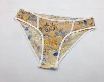 Sheer Seamless Bikini Panties / Transparent Handmade Lingerie / See Throught Beige Floral Print Panties / Mesh Sexy Panties / Gift For Women