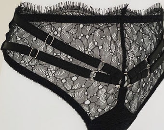 Panties / Strap high waist black thong panties / Transparent lace panties / Black lace women underwear / Gift for women