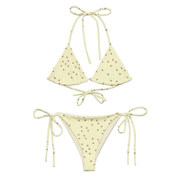 Yellow CHERRY Pattern Printed BIKINI SET For Women – Sustainable High Waisted Recycled Polyester String Bikini Set