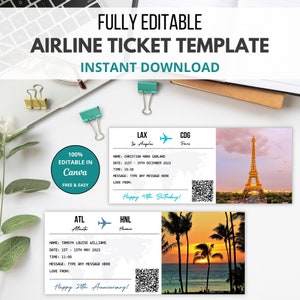 Editable Airline Ticket Template, Printable Boarding Pass, Custom Boarding Ticket, Surprise Airline Gift, Vacation Ticket, Trip Ticket