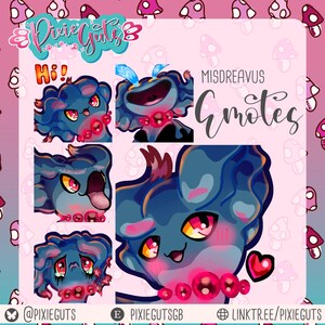 May include: A set of nine digital illustrations featuring a blue creature with different facial expressions. The creature is wearing a red and pink beaded necklace. The illustrations are labeled "Misdreavus Emotes".