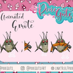 May include: Animated emote of a green bug with red eyes. The bug is shown in four different poses, including waving, holding a small object, and looking to the side. The emote is titled "Animated Emote" and is from the artist "Pixie Guts".