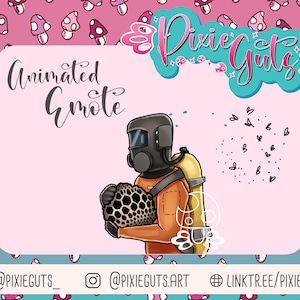 May include: Animated emote of a person wearing a hazmat suit and holding a brown and black mushroom. The background is pink with a pattern of white mushrooms.