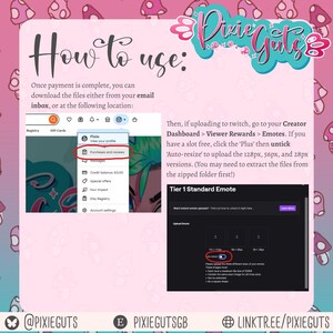 How-to-use: Once payment is complete, you can download the files either from your email inbox, or at the following location: (screenshot of the navigation bar, with the user profile menu opened. ‘Purchases and reviews’ is selected).
Then, if uploading to twitch, go to your Creator Dashboard > Viewer Rewards > Emotes. If you have a slot free, click the ‘Plus’ then untick ‘Auto-resize’ to upload the 128px, 56px, and 28px versions. (You may need to extract the files from the zipped folder first!)
