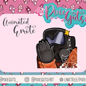 May include: Animated emote of a person wearing a black helmet with a gas mask and an orange jumpsuit, covering their mouth with their hand. The background is pink with a pattern of white mushrooms.