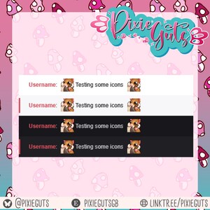 May include: A digital graphic featuring the text Pixie Guts in a teal script font. Below, four horizontal bars display the text Username: Testing some icons with a small hamster icon on each side, alternating between white and dark grey backgrounds.