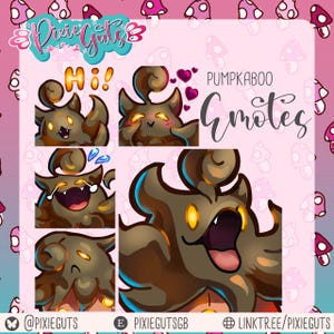 May include: A set of four digital illustrations featuring a brown, cartoon-like creature with different facial expressions. The creature is labeled "Pumpkaboo Emotes" and includes the text "Hi!" in one of the illustrations.