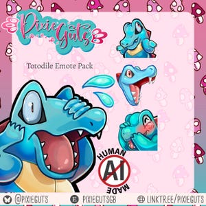 May include: A digital art pack featuring a blue Totodile character in various emotive poses. The pack includes images of the character with its mouth open, crying, and blushing. The background is pink with mushroom and floral patterns, and the text "Pixie Guts" is visible.