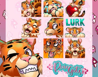 Tiger Emote Set - Set of 9 hand-drawn big cat animal emotes for Digital Download (twitch, discord)