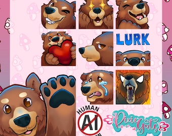 Bear Emote Pack - Set of 9 hand-drawn bear animal emotes for Digital Download (twitch, discord)