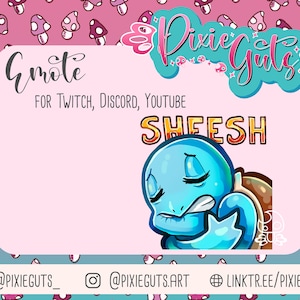 May include: A blue cartoon turtle with a sad expression, with the text "SHEESH" in yellow letters above it. The text "Emote" is in black cursive writing at the top of the image, with the text "FOR TWITCH, DISCORD, YOUTUBE" below it. The image has a pink and white background with a pattern of mushrooms.