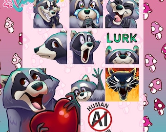 Raccoon Emote Set - Set of 9 hand-drawn trash panda animal emotes for Digital Download (twitch, discord)