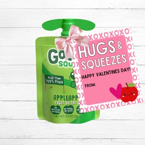 Abrazos y apretones, Etiqueta de San Valentín, Puré de manzana, San Valentín imprimible, San Valentín para la clase, San Valentín de frutas, Bolsa para apretar, San Valentín para niños