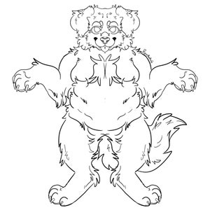 May include: Line art drawing of a fluffy dog with a round body and short legs. The dog is standing with its paws spread out and its tail curled behind it. The drawing is in black and white and has a simple, cartoonish style.