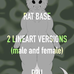 May include: A gray rat base for digital art, with two versions, male and female. The base is in a standing pose with the text "RAT BASE" and "2 LINEART VERSIONS (male and female)" on the image. The text "P2U" is at the bottom of the image.