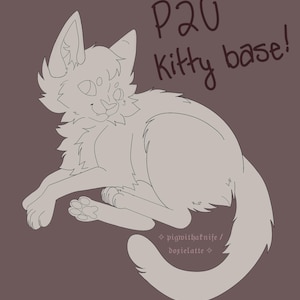 Puede incluir: Ilustración digital de un gato en una pose relajada, con el texto "P2U Kitty base!" en un estilo manuscrito. El gato está dibujado en un estilo de arte lineal simple con detalles como pelaje y patas. El fondo es marrón liso y apagado.
