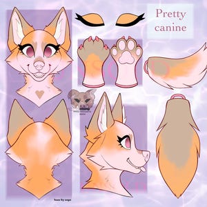 May include: A digital illustration of a canine character in shades of orange, tan, and pink. The design includes a front view, side view, back view, paw pads, eyes, and tail. The text "Pretty canine" is displayed in the upper right corner.