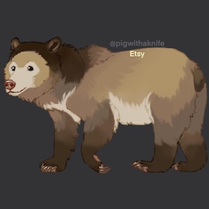 Puede incluir: Ilustración de un oso de anteojos en tonos marrones, beige y crema. El oso está representado de perfil, con el texto "@pigwithaknife Etsy" en la esquina superior derecha. El oso tiene la cara y el pecho de color claro.