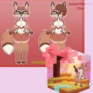 May include: Digital artwork showing two anthropomorphic foxes with brown and white fur, and green eyes. One fox has brown hair. Below, a Minecraft-style scene depicts a fox holding a sword near a pink tree. The Etsy shop name "@pigwithknife" is visible.