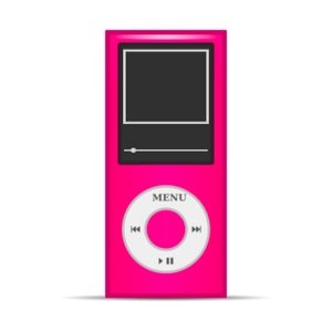 Puede incluir: Un reproductor MP3 rosa con una pantalla negra, un panel de control blanco y un botón circular con la palabra "MENU" en él.