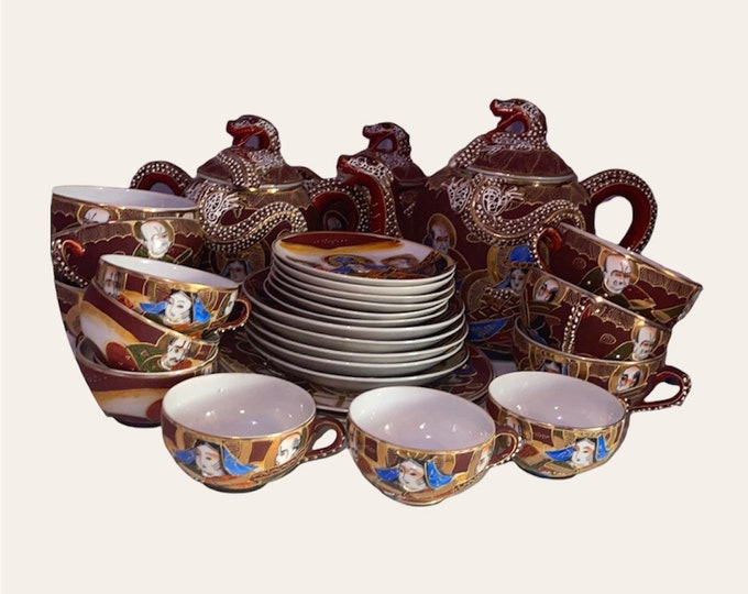 Satsuma Moriage Tea Set Japanese Dragonware Red Gilt Geisha Lithophane