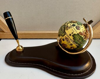 Vintage desk accessory pen holder with Globe in a leather base