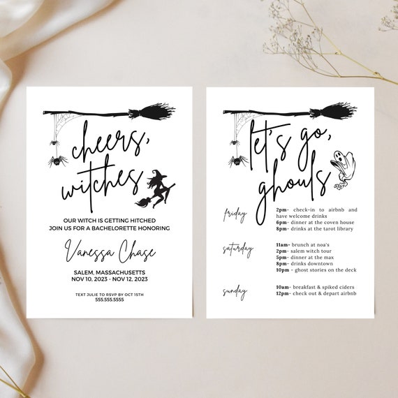 Witch Bachelorette Party Invite, Bachelorette Witches Theme, Spooky Bride, Lets Go Ghouls, Coven, Halloween, Fall, Salem, Itinerary Template
