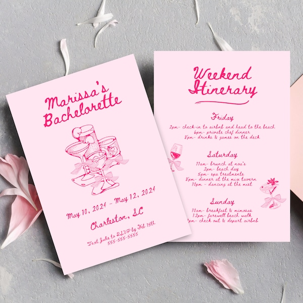 Hand Drawn Style Bachelorette Invite and Itinerary Template, Bachelorette Weekend Invitation, Scribble, Pink Bachelorette, Pink Bow Cocktail