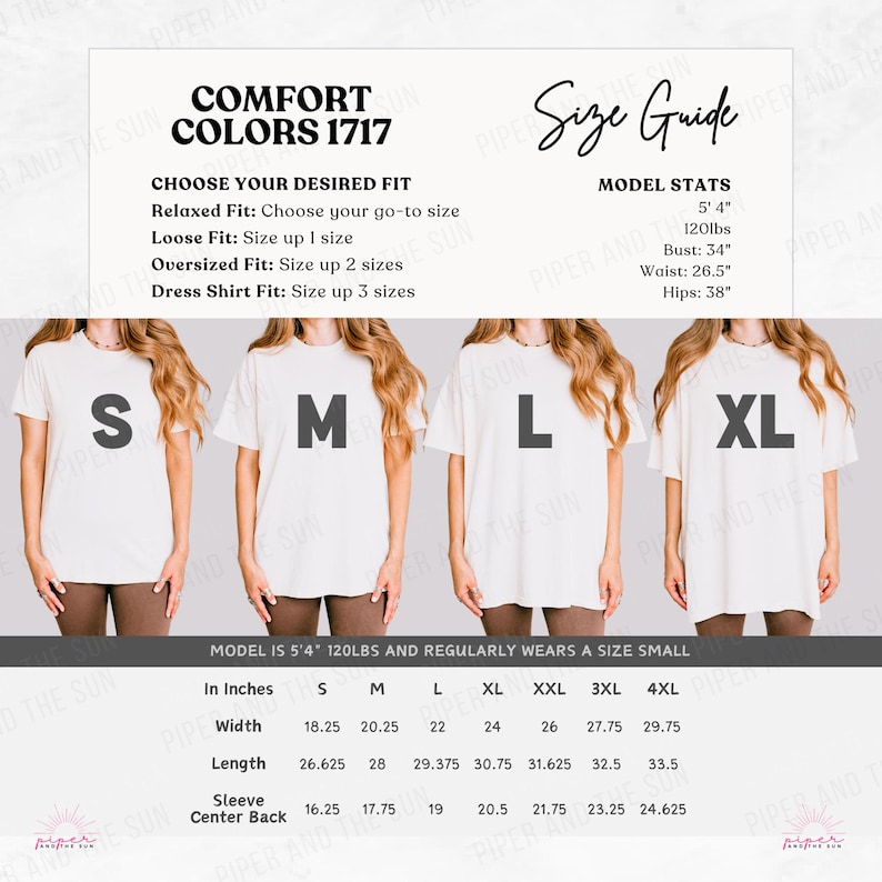Puede incluir: Una gu&iacute;a de tallas para camisetas Comfort Colors 1717. La gu&iacute;a incluye medidas en cm para las tallas S a 4XL, junto con las estad&iacute;sticas del modelo y recomendaciones de ajuste. La modelo mide 162.5 cm y pesa 54.4 kg.